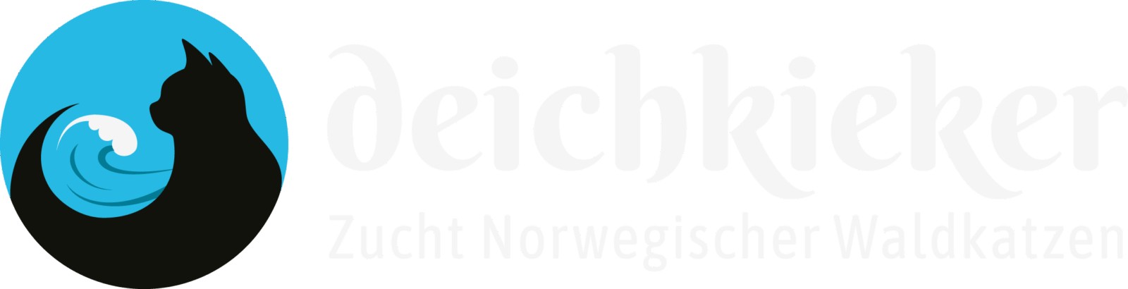 Deichkieker Logo Wort-Bild-Marke - Katzensilhouette schaut auf einen Deich, auf den eine Welle schlägt
